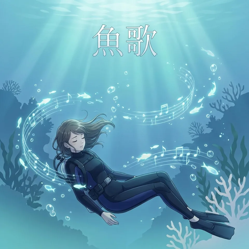 アルバム『魚歌 - UO-UTA -』のジャケット。光の差す海で、魚と音符に包まれて漂うダイバー
