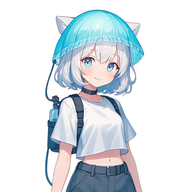 TJのキャラクタービジュアル。白い髪にクラゲのような水色の帽子と猫耳